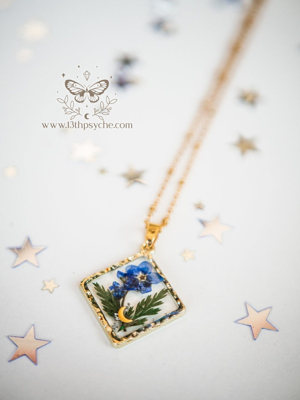 Handmade Rhombus Forget me not flower pendant necklace - 13th Psyche