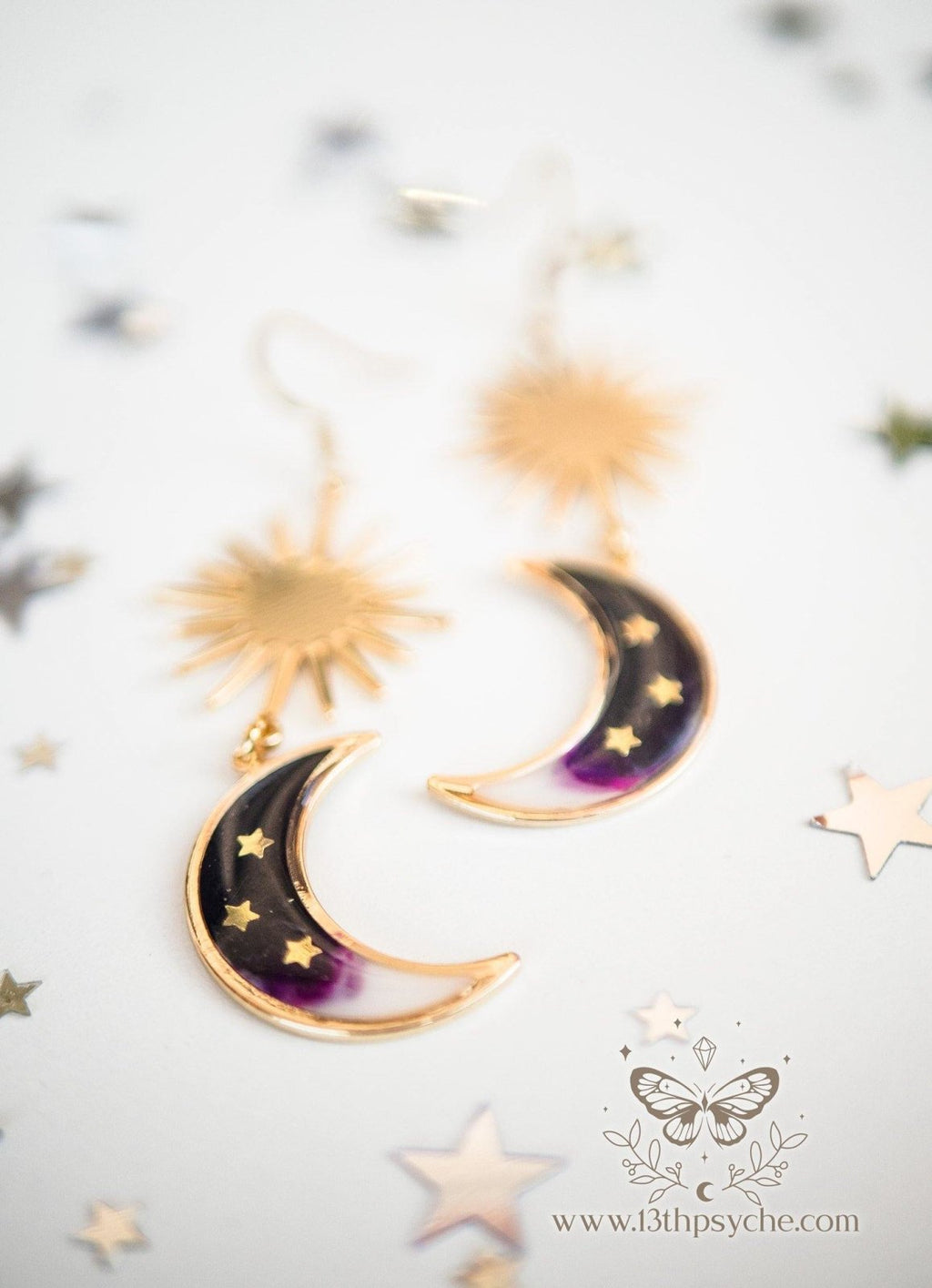 Handmade Black crescent dangle moon earrings - 13th Psyche