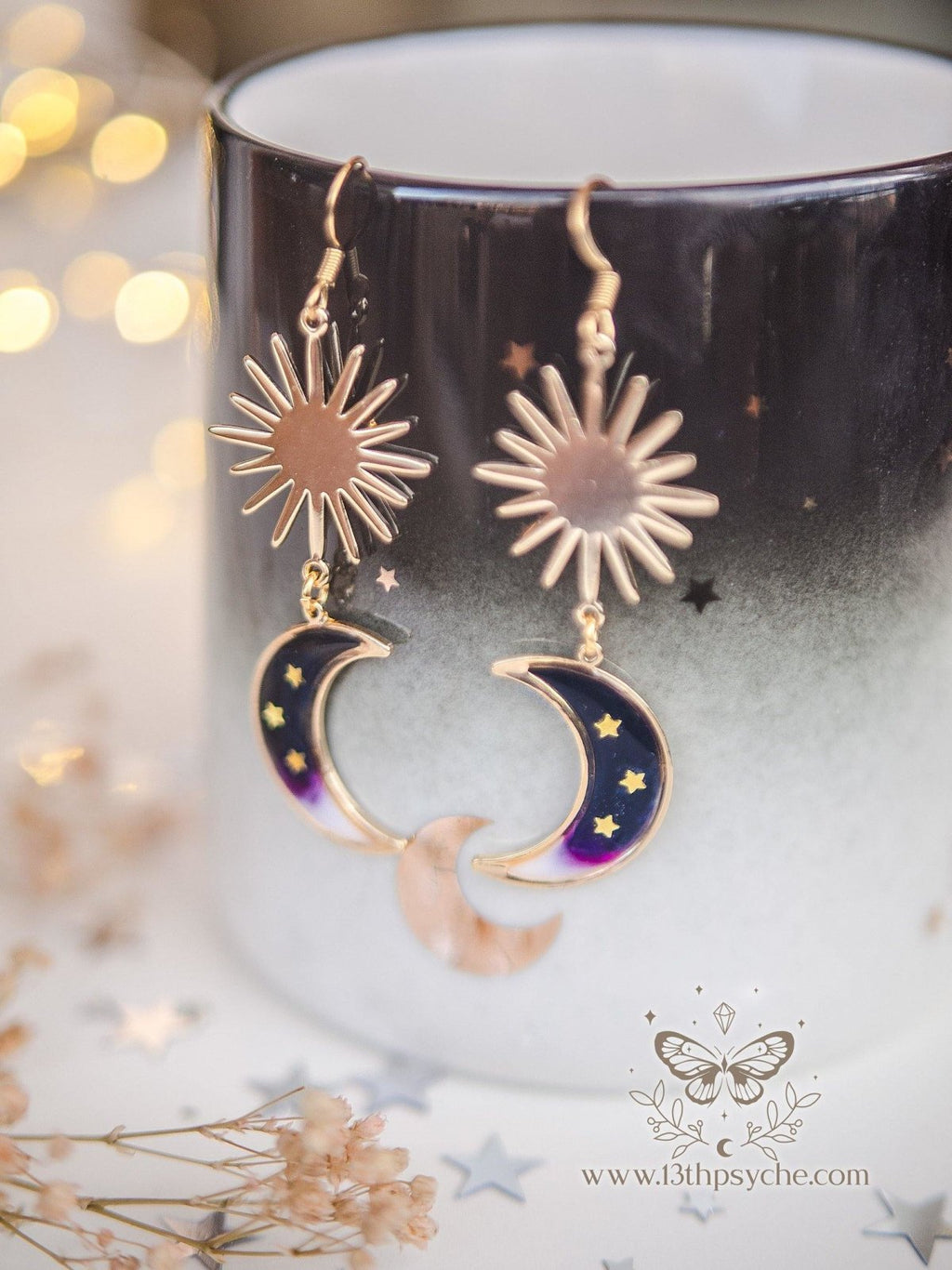 Handmade Black crescent dangle moon earrings - 13th Psyche