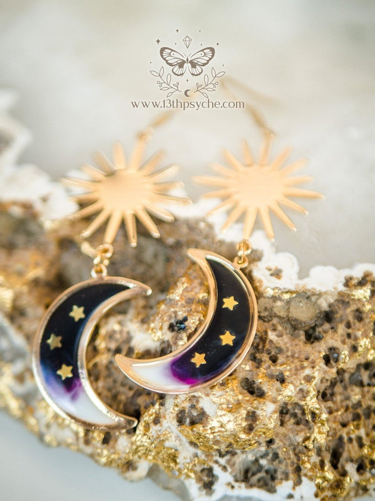 Handmade Black crescent dangle moon earrings - 13th Psyche