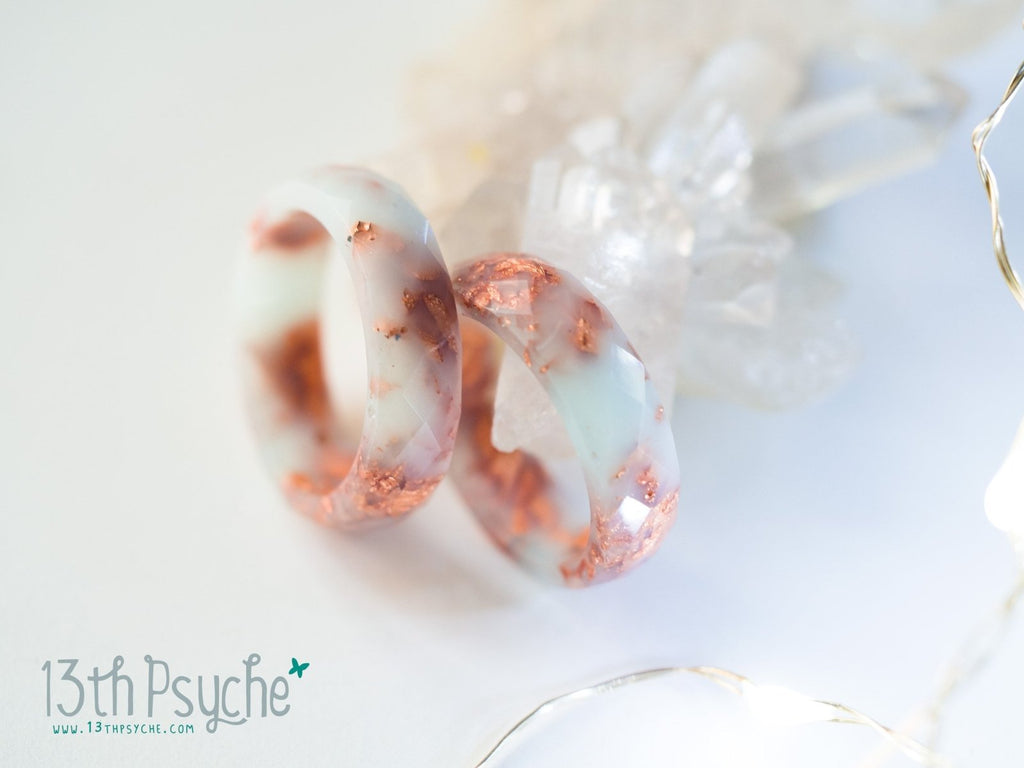 Handmade Milky green and rose gold flakes faceted resin ring - 13th Psyche