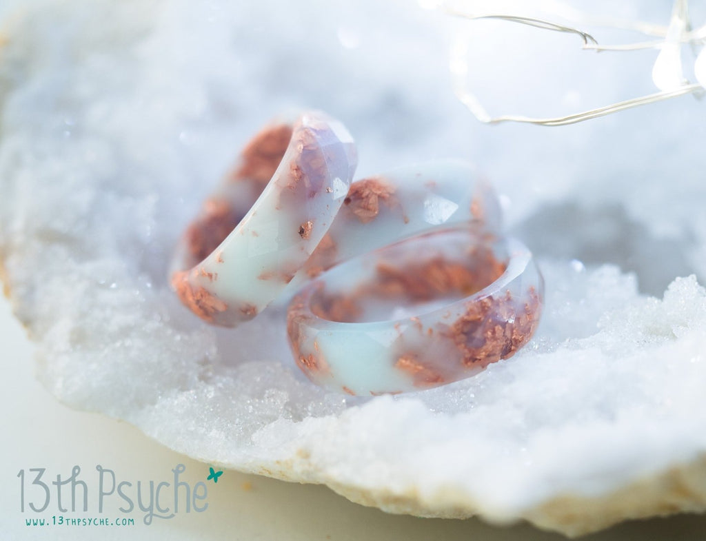 Handmade Milky green and rose gold flakes faceted resin ring - 13th Psyche