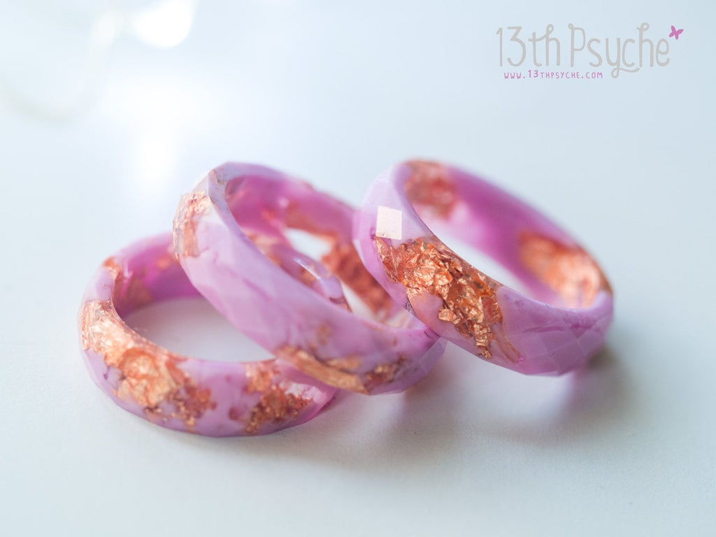 Handmade Pink and rose gold flakes faceted resin ring - 13th Psyche