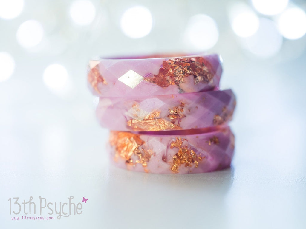 Handmade Pink and rose gold flakes faceted resin ring - 13th Psyche