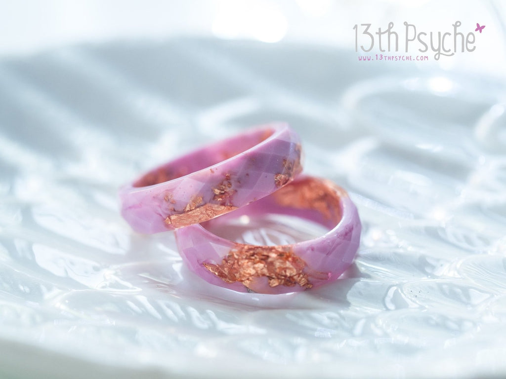 Handmade Pink and rose gold flakes faceted resin ring - 13th Psyche