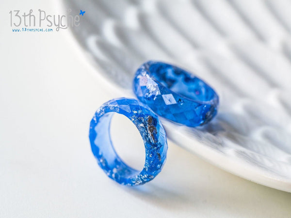 Handmade Blue and silver flakes faceted resin ring - 13th Psyche