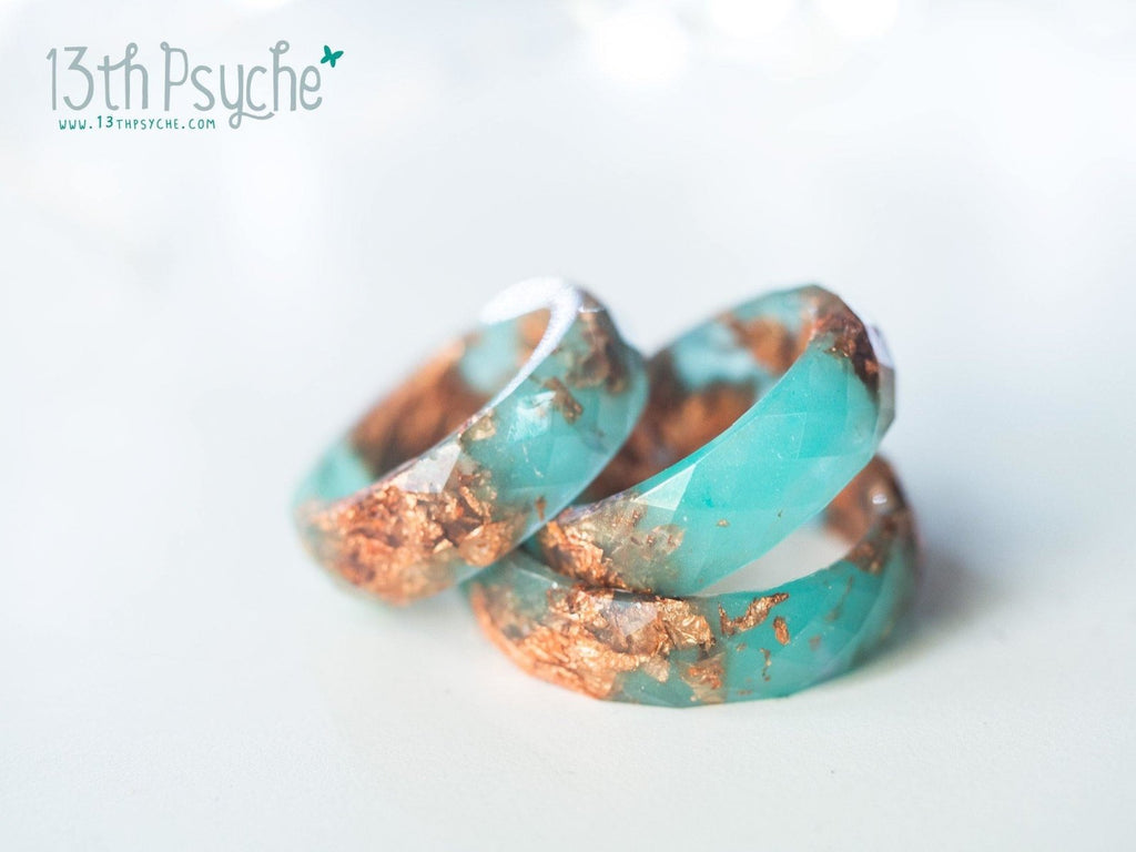 Handmade Aqua faceted resin ring with rose gold flakes - 13th Psyche