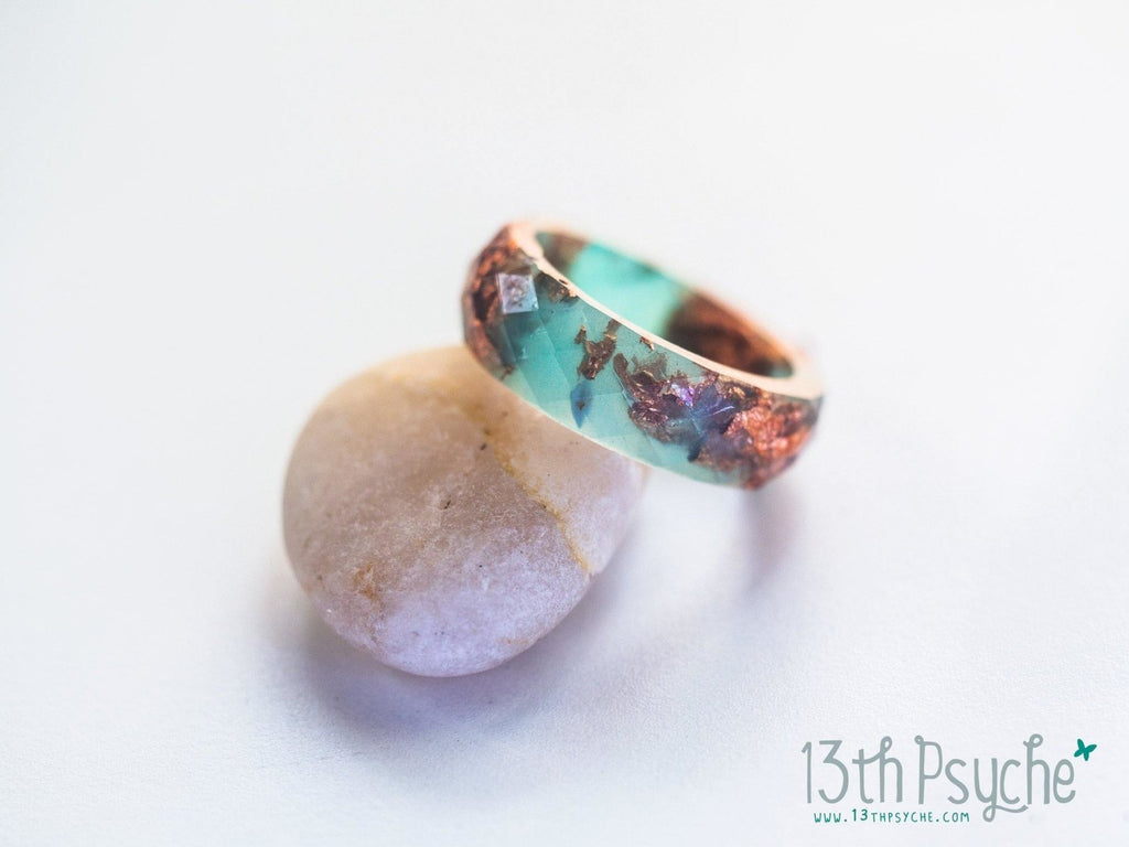 Handmade Aqua faceted resin ring with rose gold flakes - 13th Psyche
