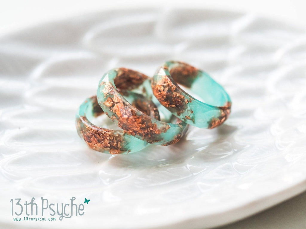 Handmade Aqua faceted resin ring with rose gold flakes - 13th Psyche