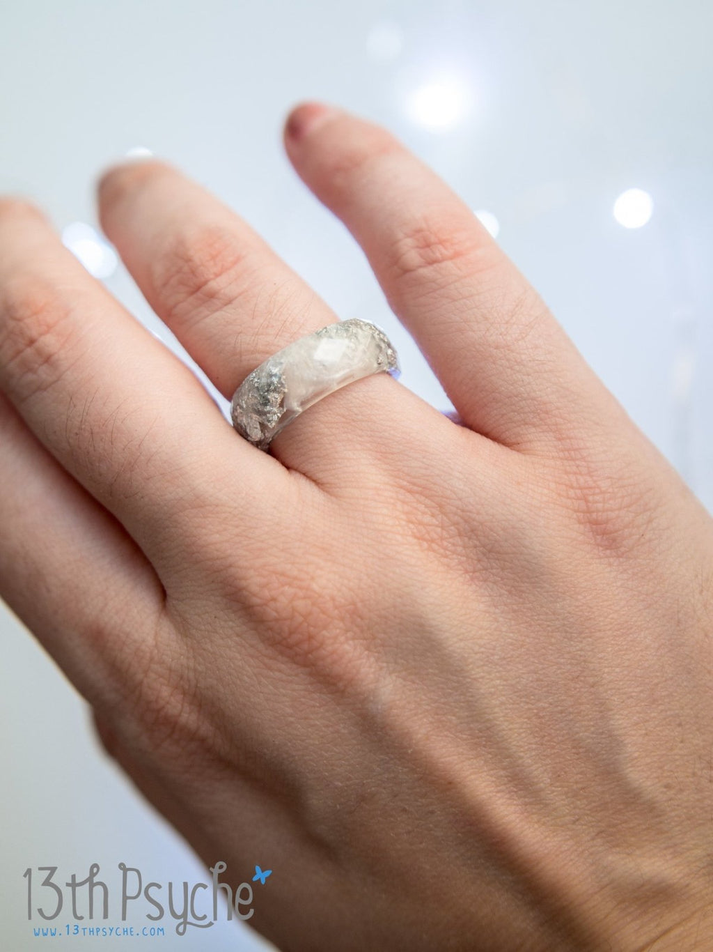Handmade Pearl white and silver flakes faceted resin ring - 13th Psyche