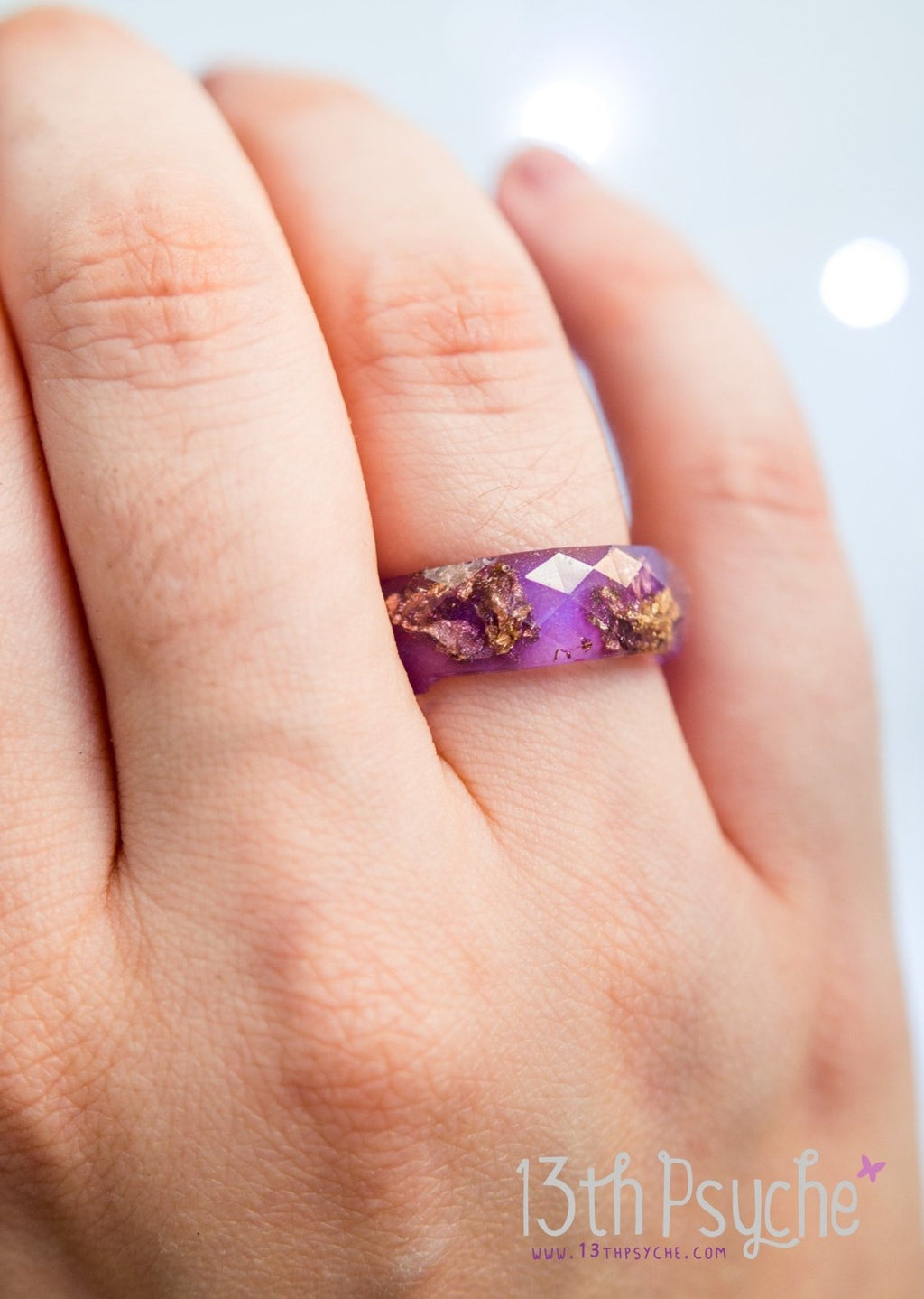 Handmade Purple and gold flakes faceted resin ring - 13th Psyche