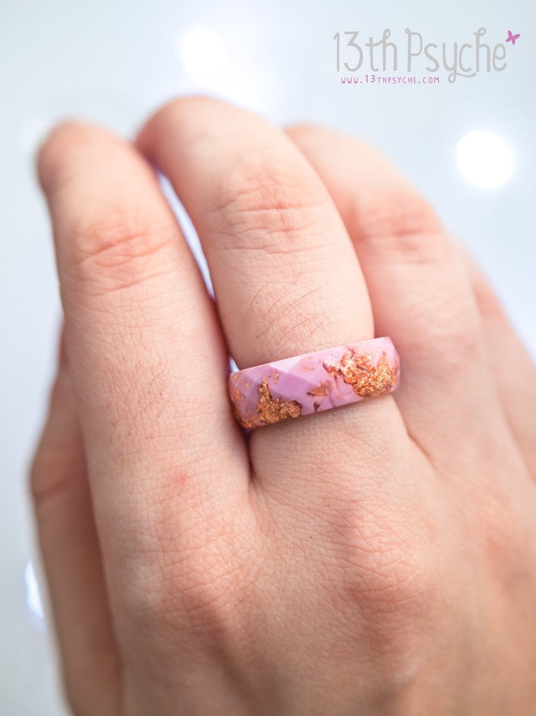 Handmade Pink and rose gold flakes faceted resin ring - 13th Psyche