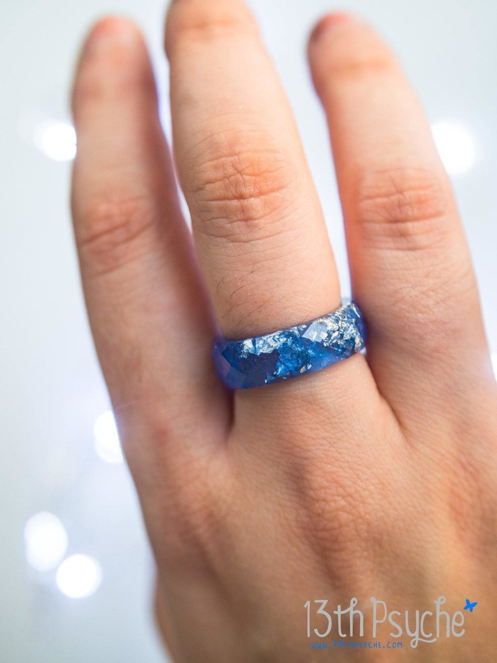 Handmade Blue and silver flakes faceted resin ring - 13th Psyche