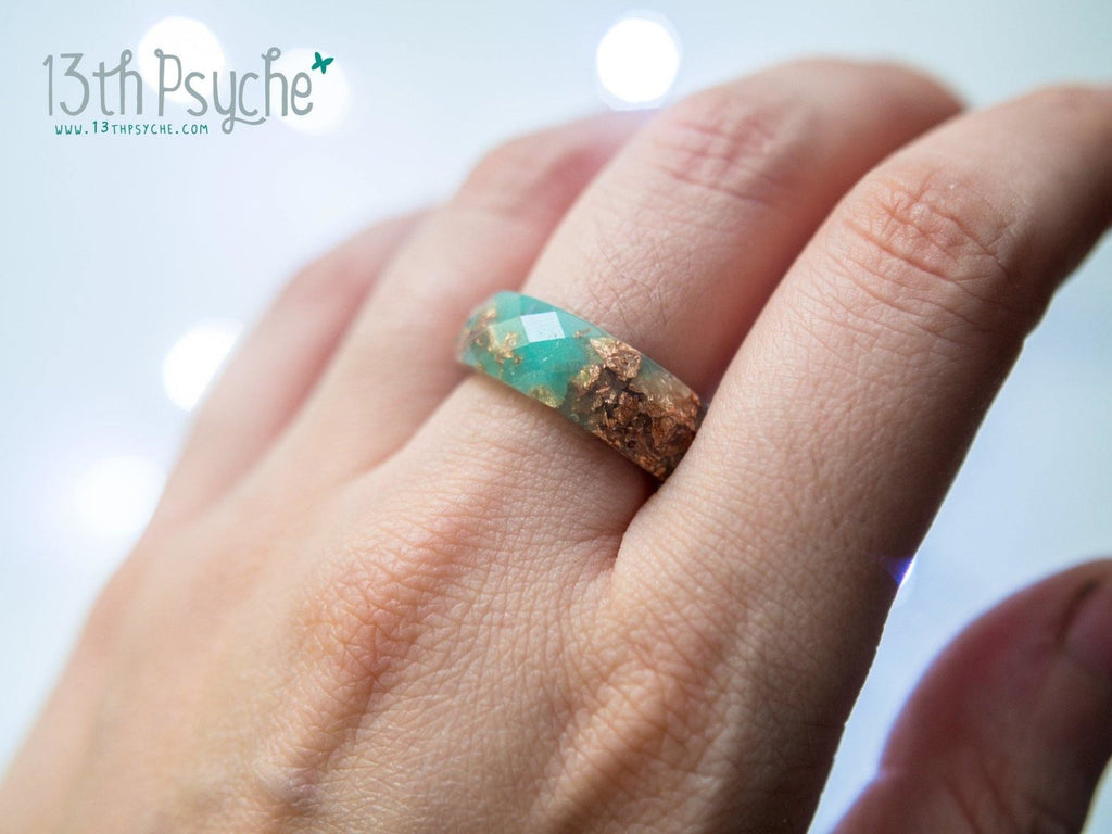 Handmade Aqua faceted resin ring with rose gold flakes - 13th Psyche