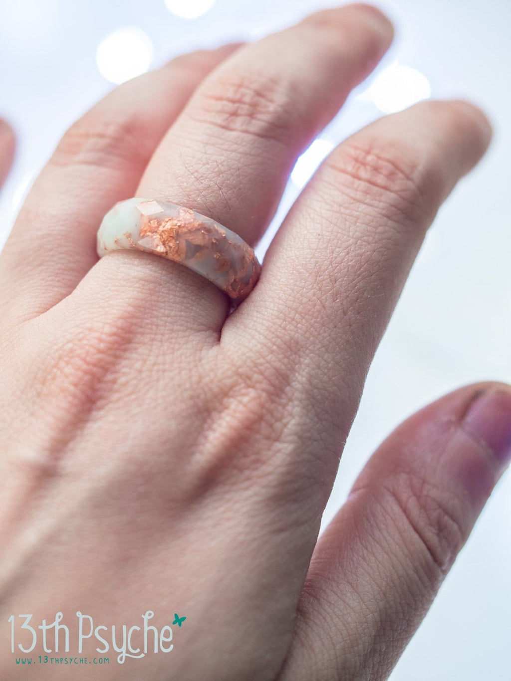 Handmade Milky green and rose gold flakes faceted resin ring - 13th Psyche