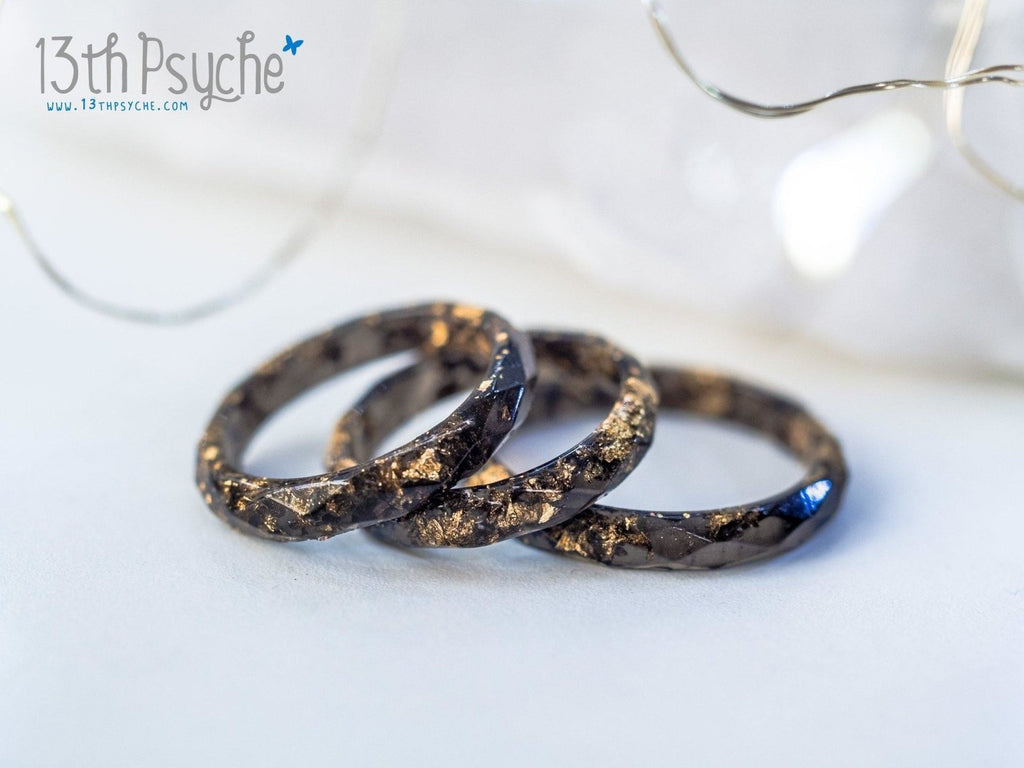 Handmade Black faceted resin ring with gold flakes - 13th Psyche