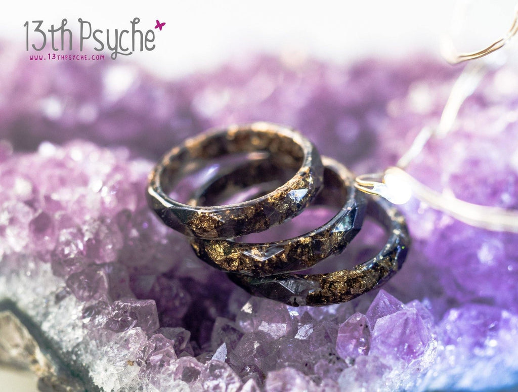 Handmade Black faceted resin ring with gold flakes - 13th Psyche