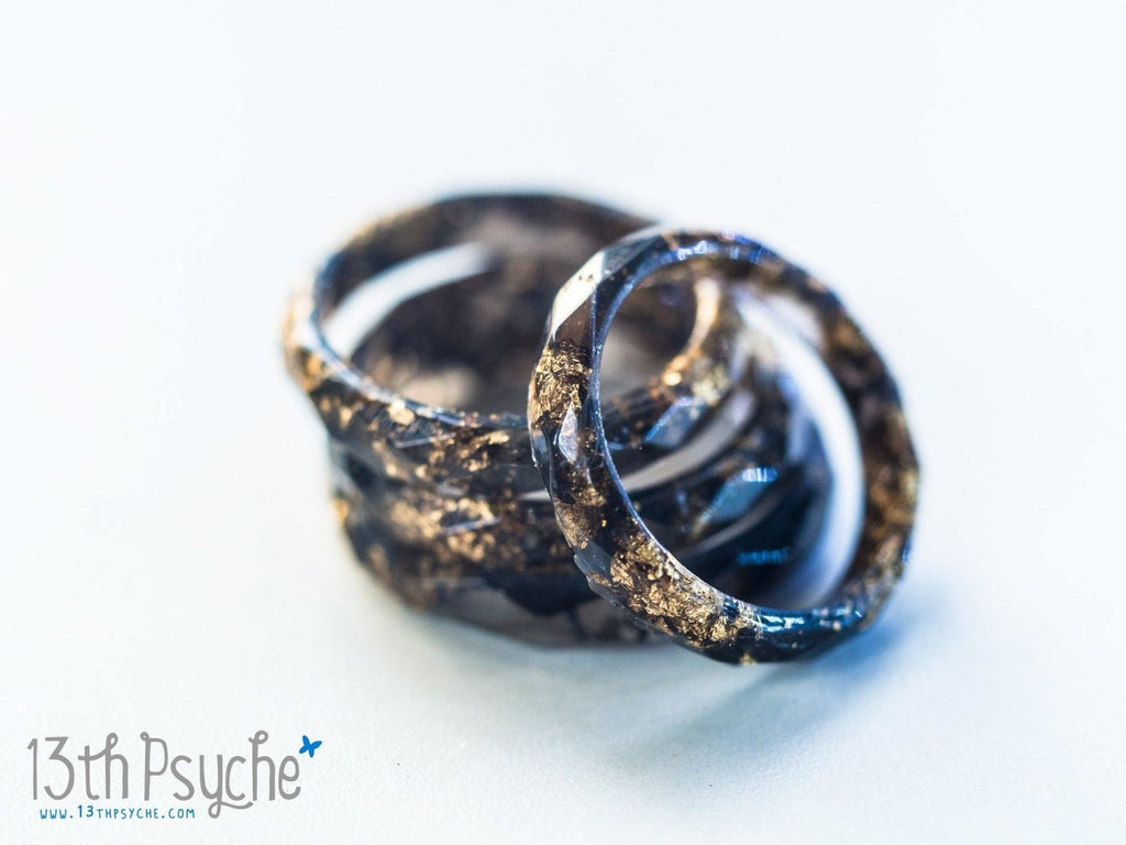 Handmade Black faceted resin ring with gold flakes - 13th Psyche