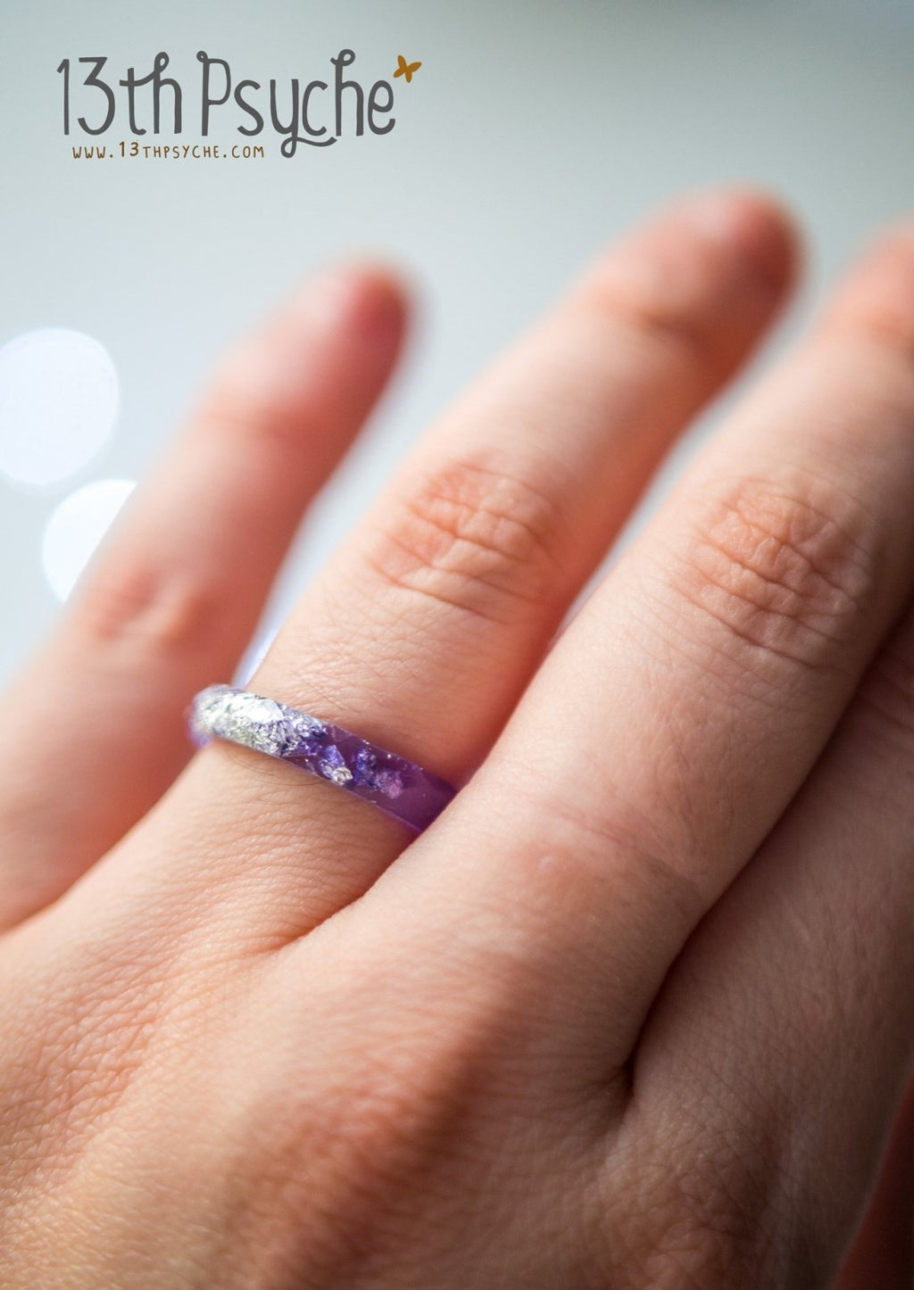 Handmade Purple and silver flakes faceted resin ring - 13th Psyche
