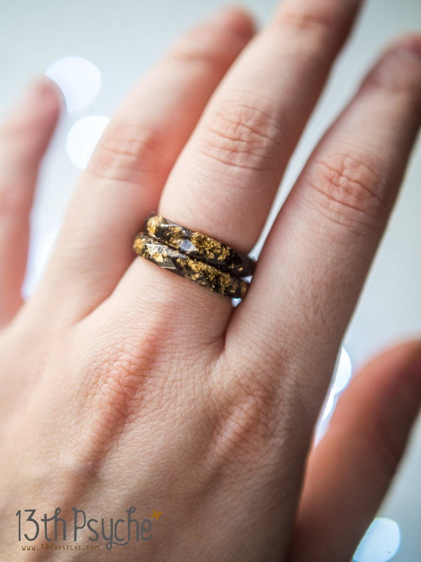 Handmade Black faceted resin ring with gold flakes - 13th Psyche