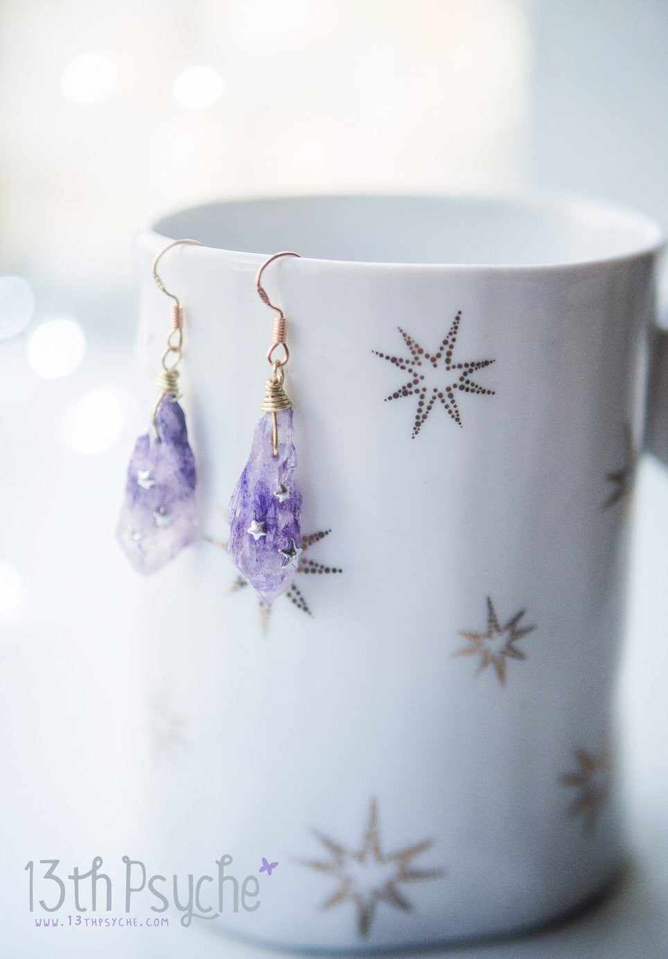 Handmade Purple raw stone earrings with silver stars - 13th Psyche