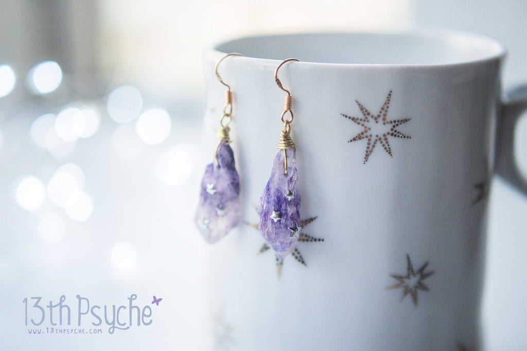 Handmade Purple raw stone earrings with silver stars - 13th Psyche