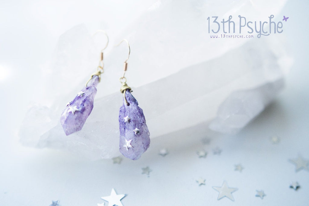 Handmade Purple raw stone earrings with silver stars - 13th Psyche