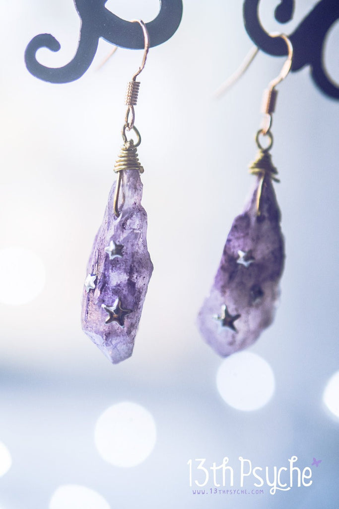 Handmade Purple raw stone earrings with silver stars - 13th Psyche