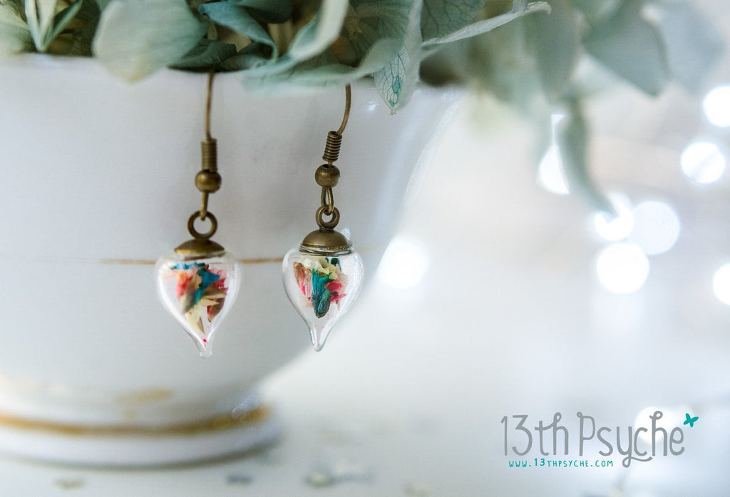Handmade Glass teardrop earrings with real dried flowers - 13th Psyche