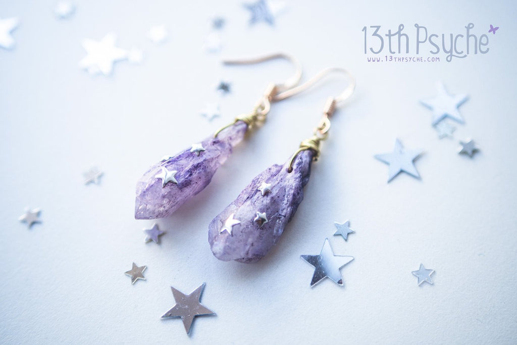 Handmade Purple raw stone earrings with silver stars - 13th Psyche