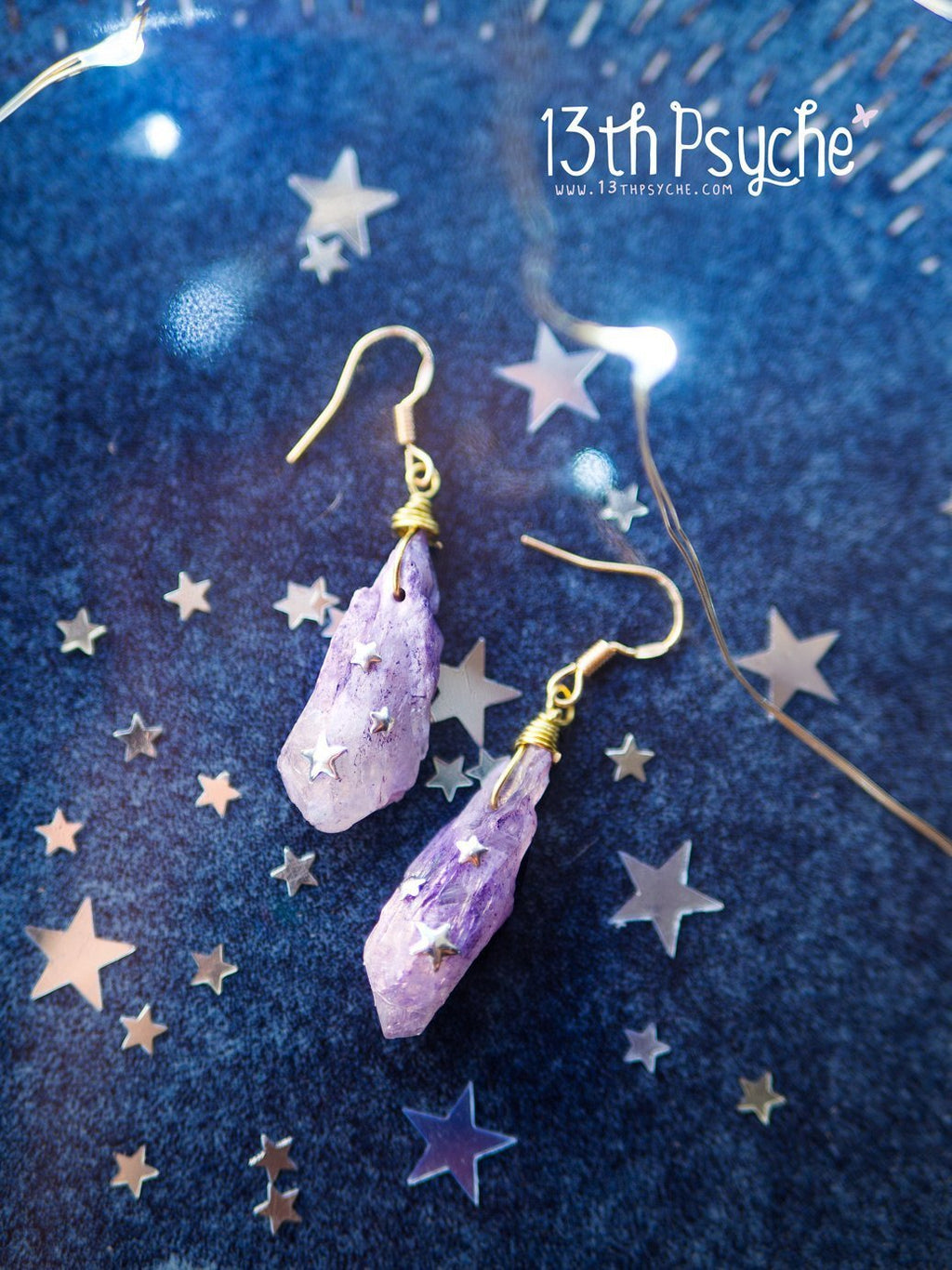 Handmade Purple raw stone earrings with silver stars - 13th Psyche