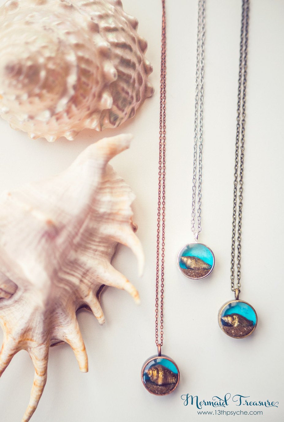 Handmade Gold shell resin pendant necklace, mermaid jewelry - 13th Psyche