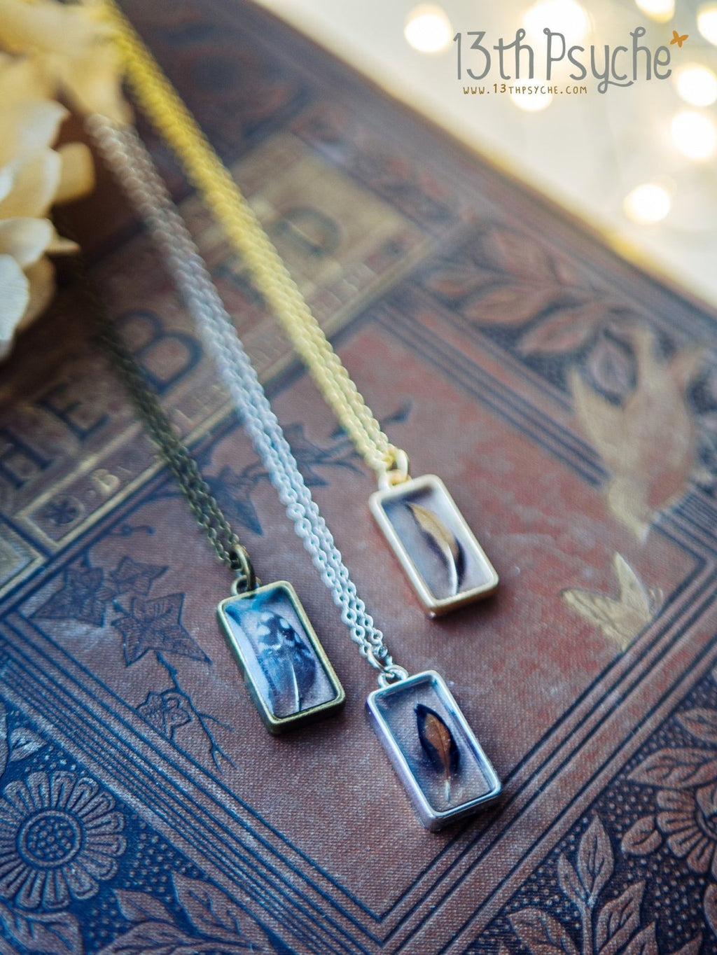 Handmade Square shaped resin pendant with real tiny feather necklace - 13th Psyche