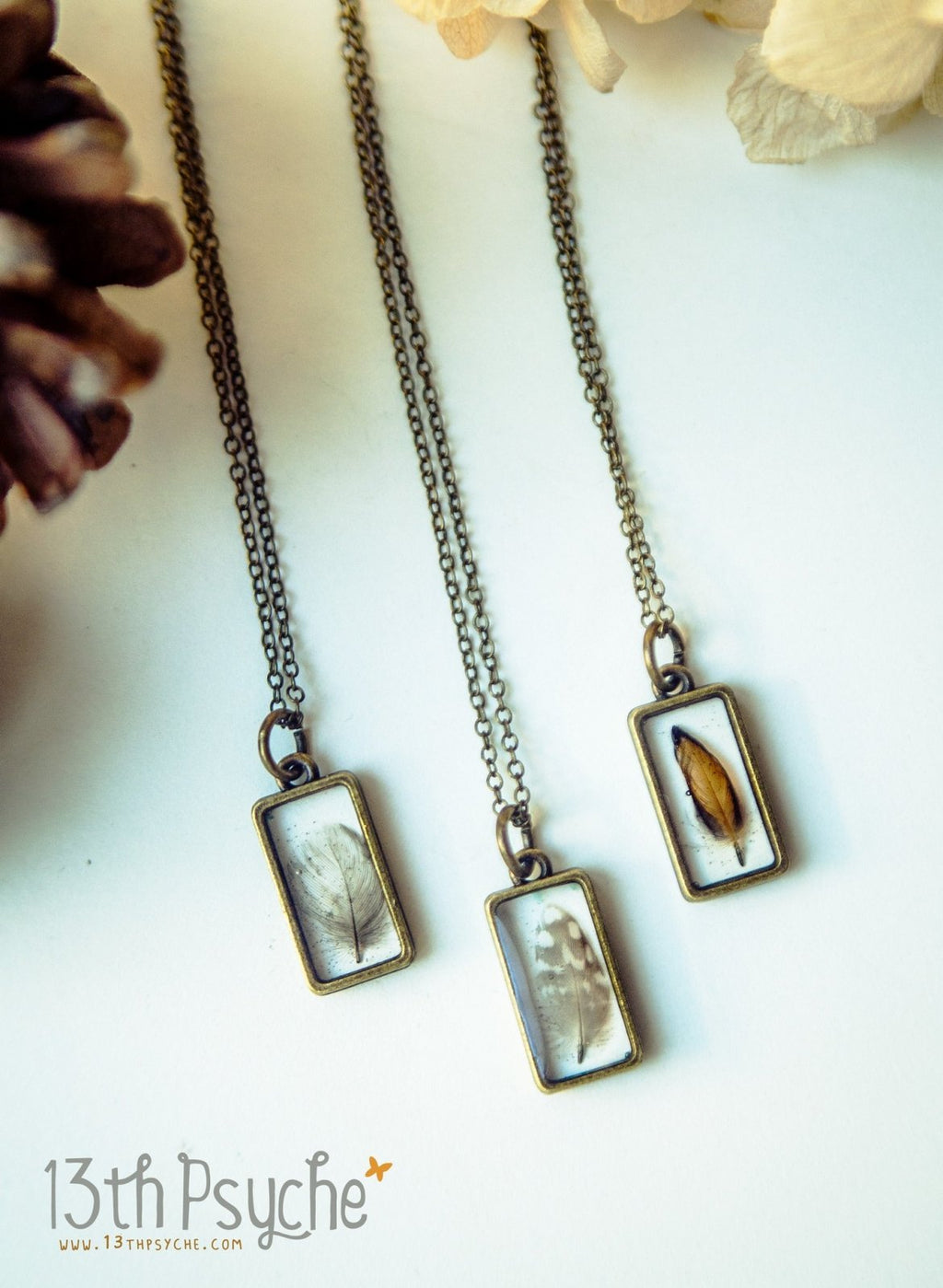 Handmade Square shaped resin pendant with real tiny feather necklace - 13th Psyche