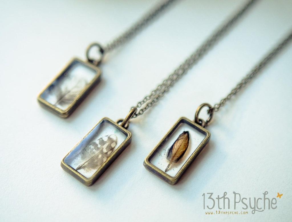 Handmade Square shaped resin pendant with real tiny feather necklace - 13th Psyche