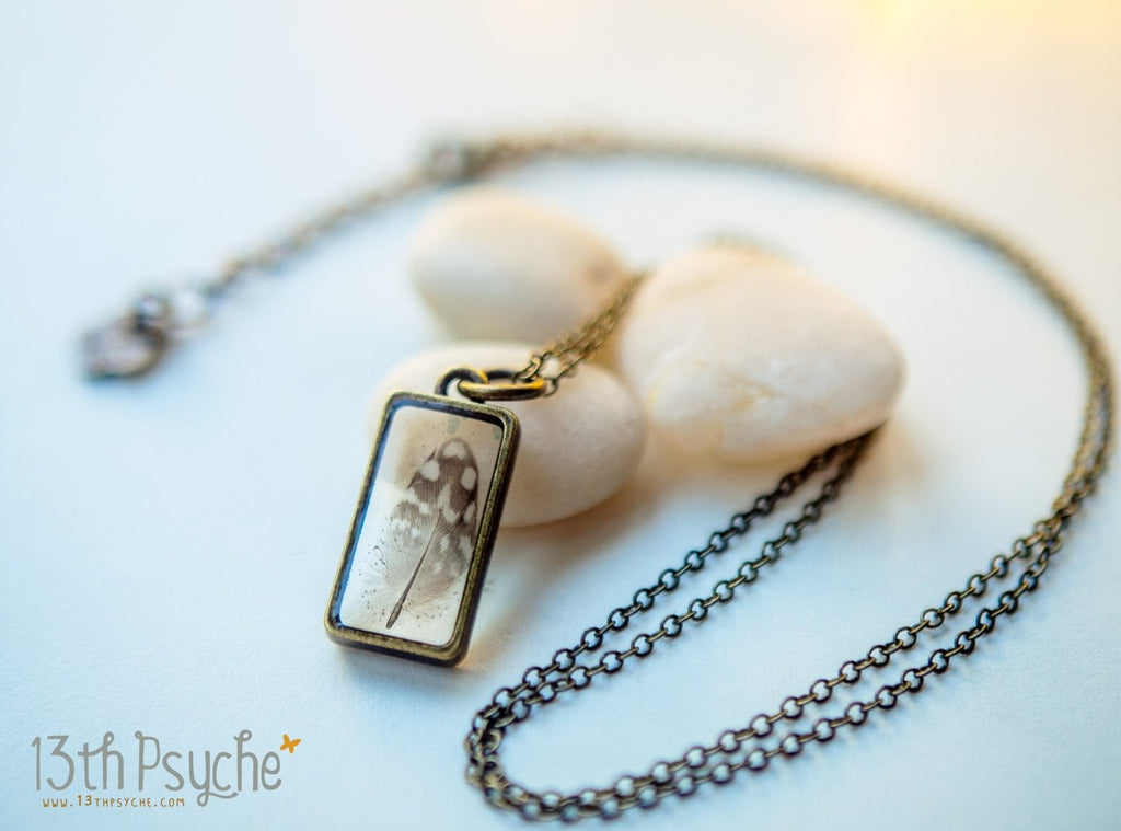 Handmade Square shaped resin pendant with real tiny feather necklace - 13th Psyche