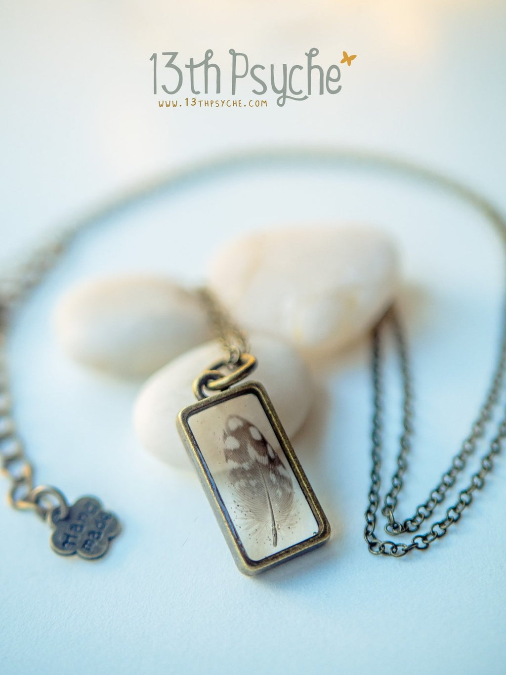 Handmade Square shaped resin pendant with real tiny feather necklace - 13th Psyche