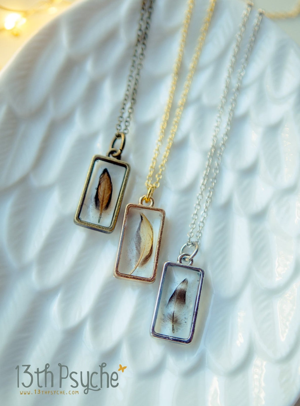 Handmade Square shaped resin pendant with real tiny feather necklace - 13th Psyche