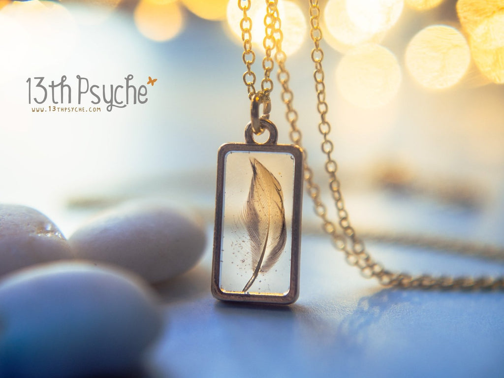 Handmade Square shaped resin pendant with real tiny feather necklace - 13th Psyche
