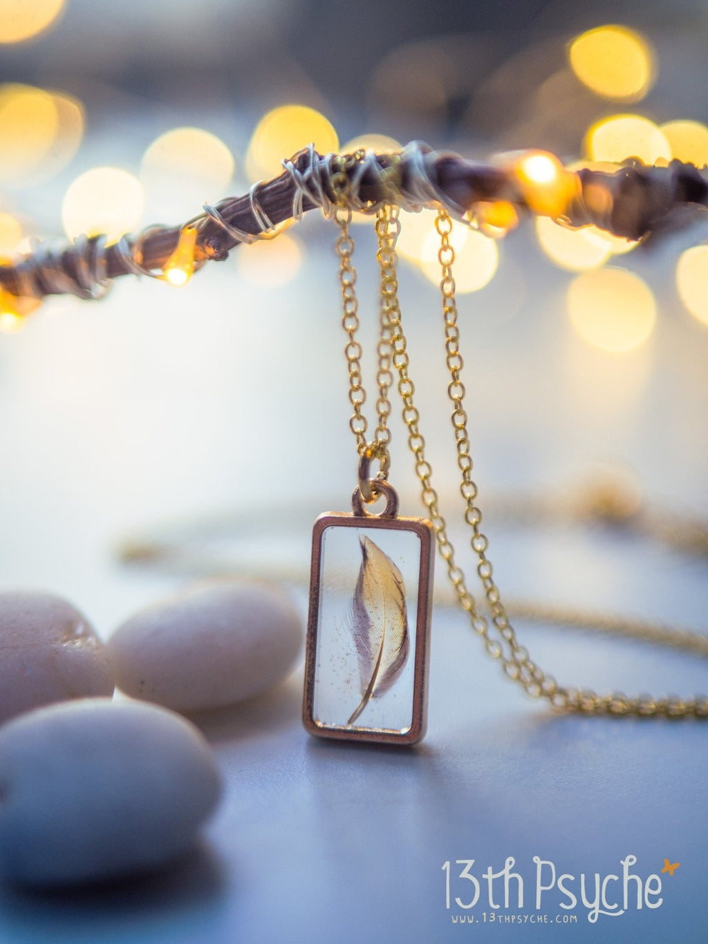 Handmade Square shaped resin pendant with real tiny feather necklace - 13th Psyche