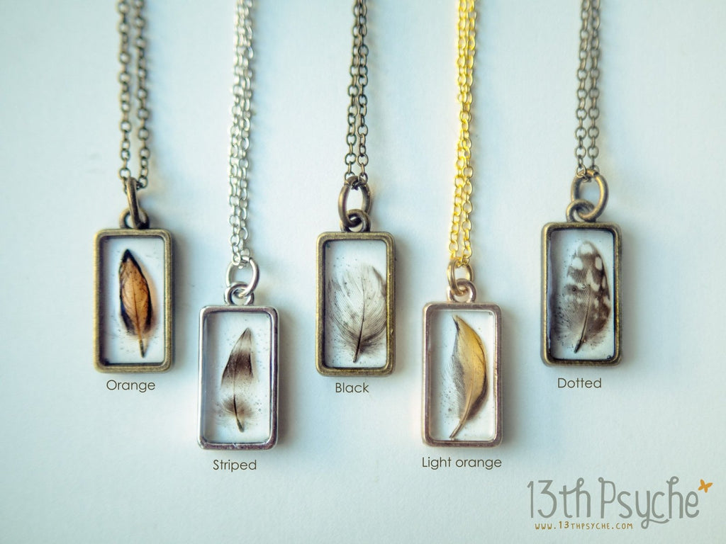 Handmade Square shaped resin pendant with real tiny feather necklace - 13th Psyche
