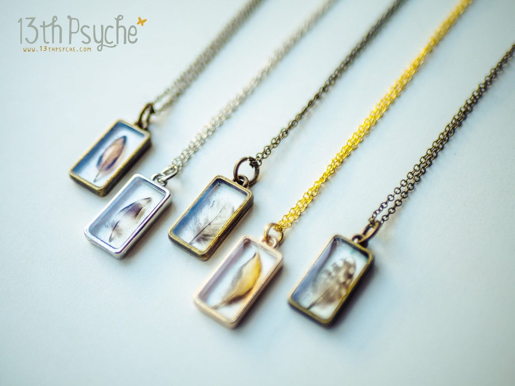 Handmade Square shaped resin pendant with real tiny feather necklace - 13th Psyche