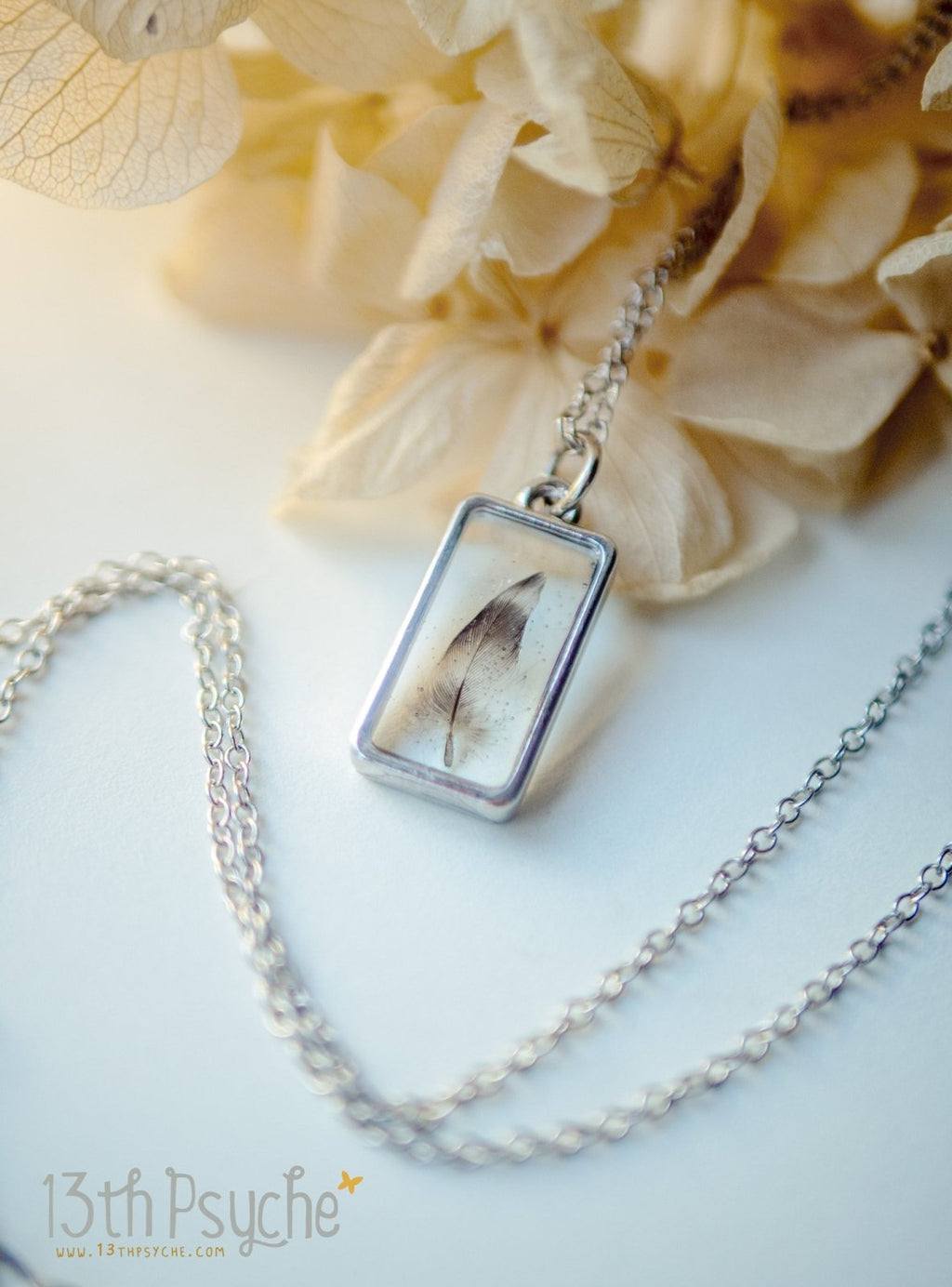 Handmade Square shaped resin pendant with real tiny feather necklace - 13th Psyche