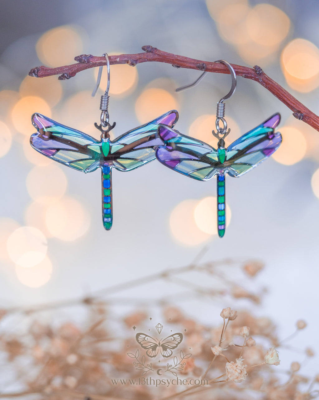 Handmade Stained glass inspired dragonfly earrings - 13th Psyche
