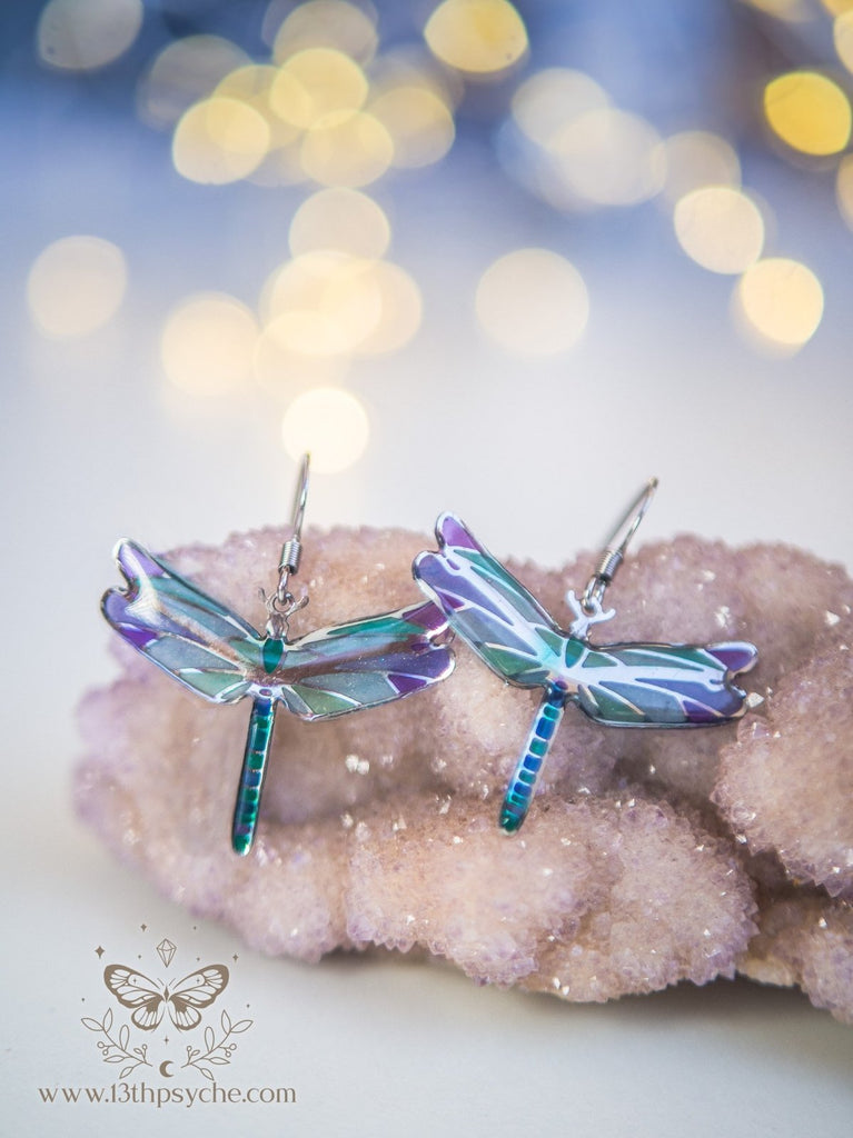 Handmade Stained glass inspired dragonfly earrings - 13th Psyche