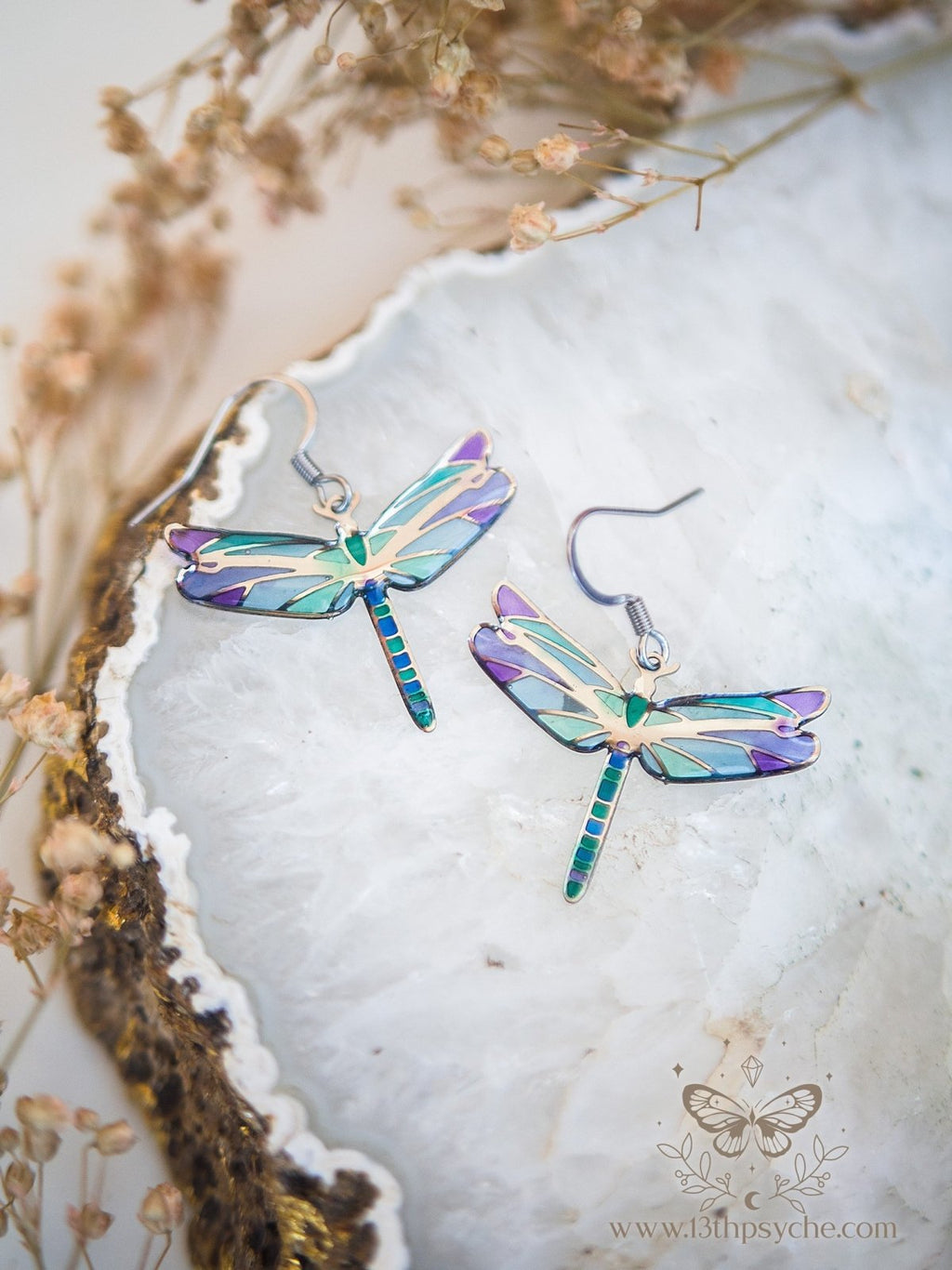 Handmade Stained glass inspired dragonfly earrings - 13th Psyche