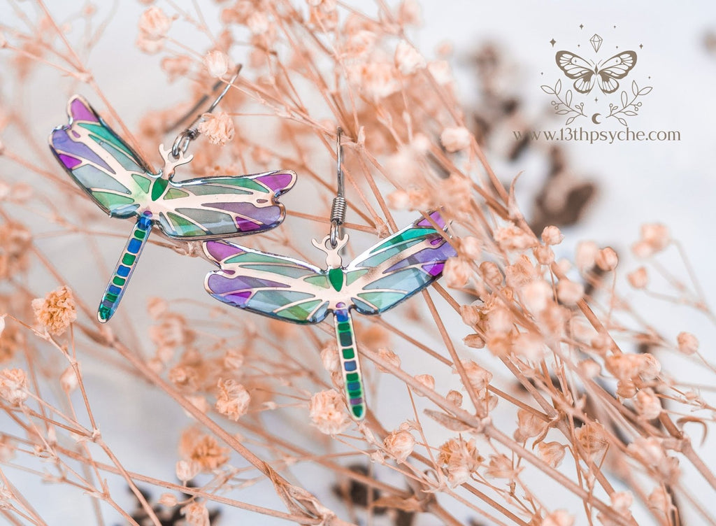 Handmade Stained glass inspired dragonfly earrings - 13th Psyche