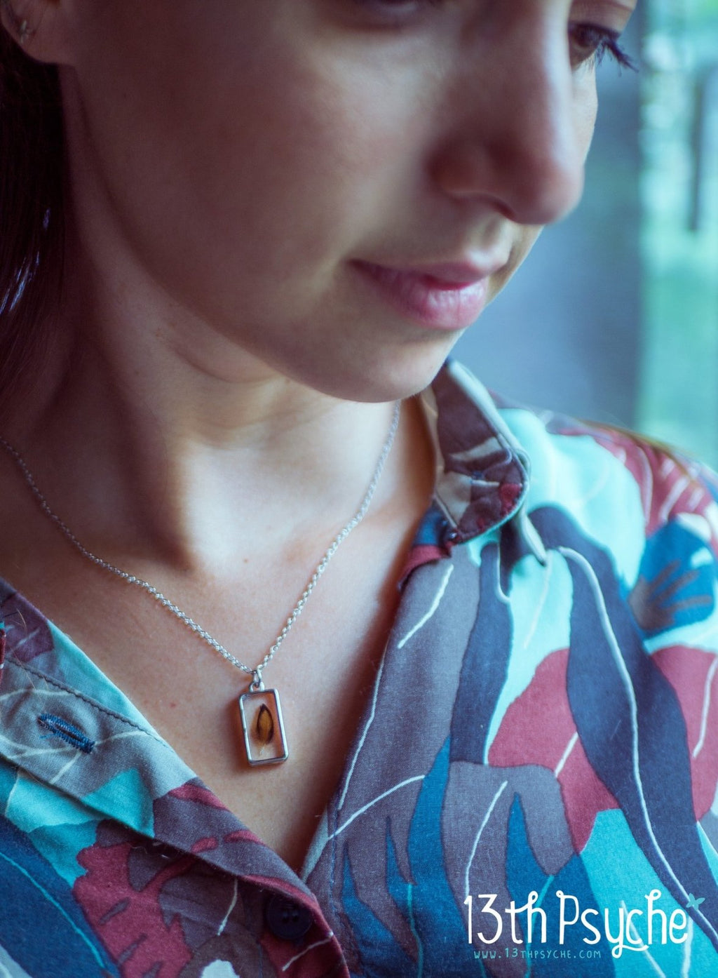Handmade Square shaped resin pendant with real tiny feather necklace - 13th Psyche