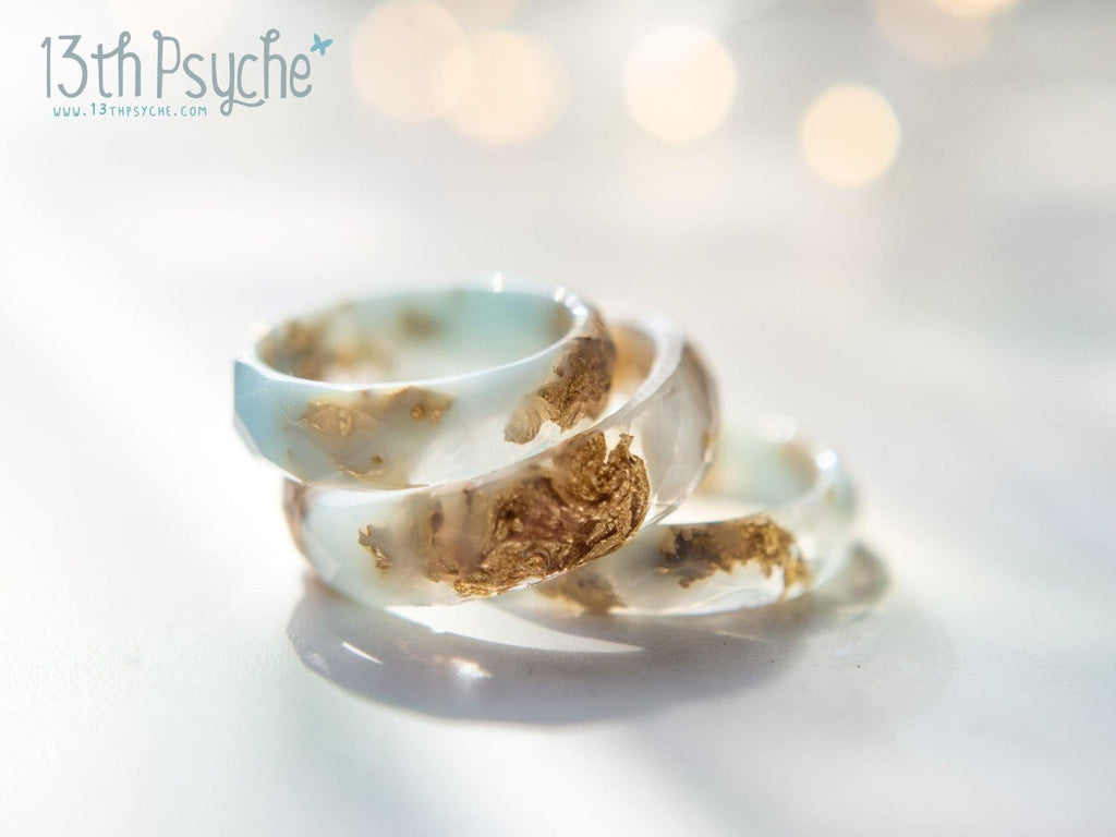 Handmade Clear and Pale blue faceted resin ring with gold flakes - 13th Psyche