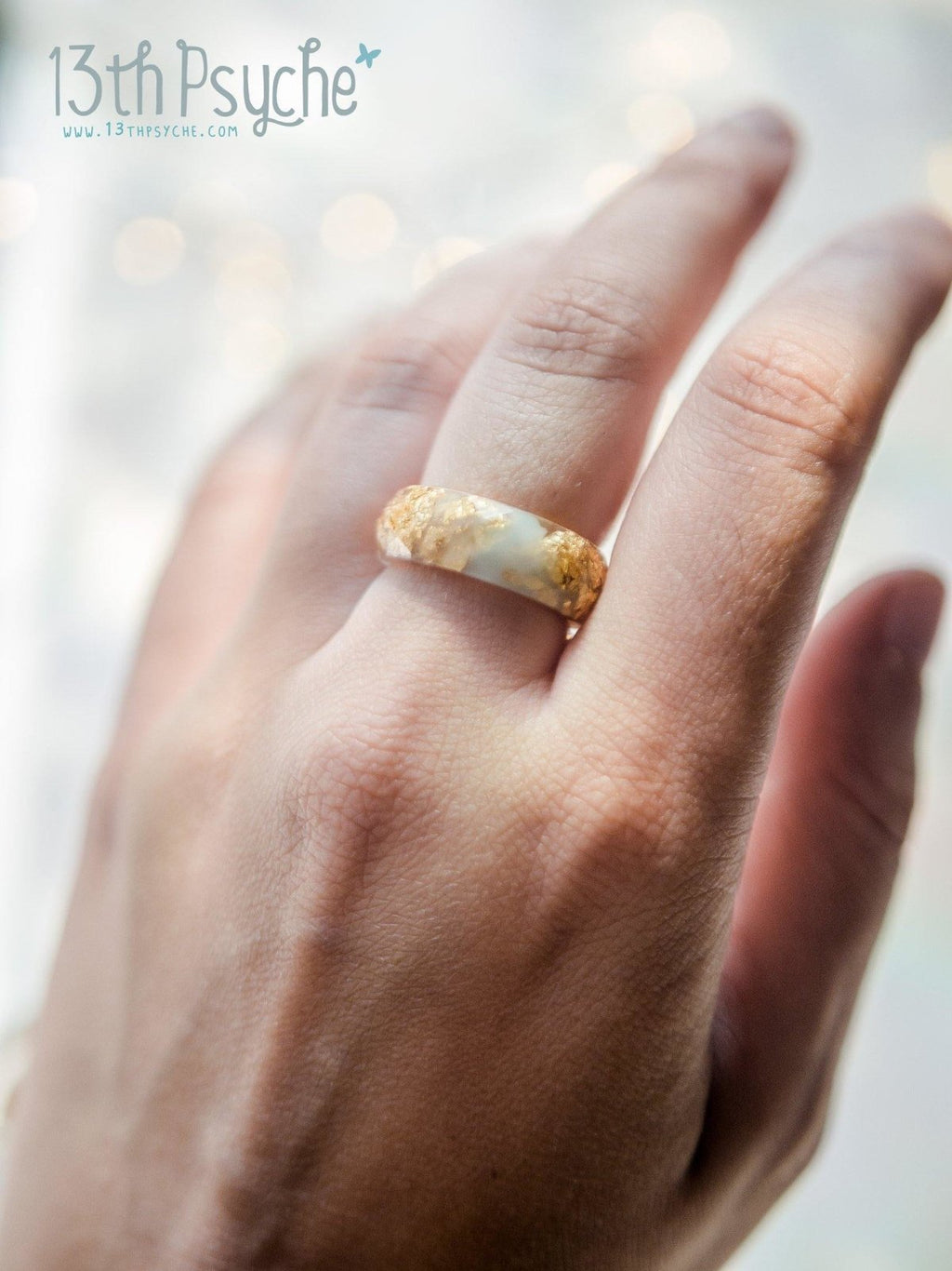 Handmade Clear and Pale blue faceted resin ring with gold flakes - 13th Psyche
